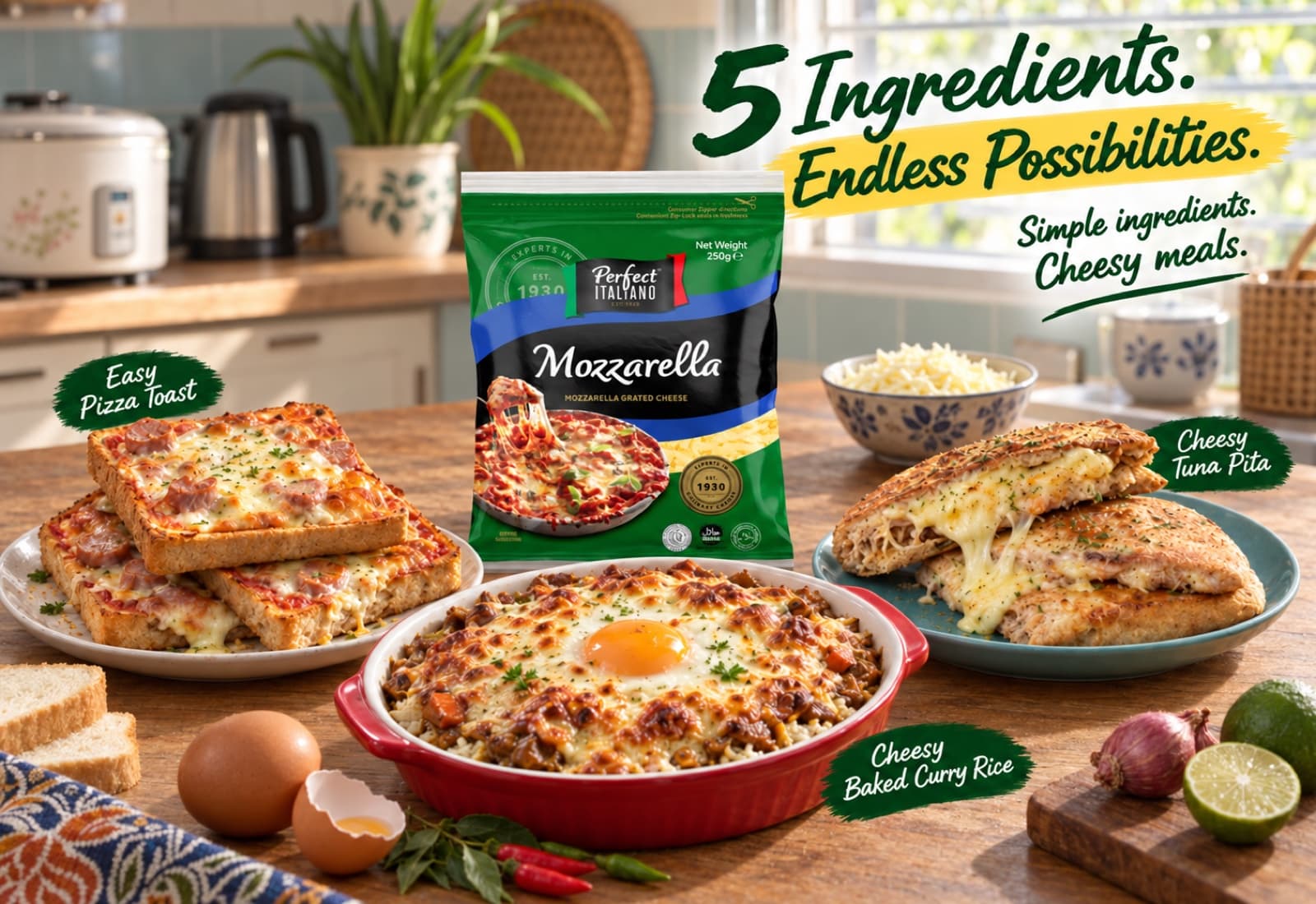 5 Ingredients, Endless Possibilities key visual: a Perfect Italiano Mozzarella pack in a Malaysian home kitchen surrounded by Easy Pizza Toast, Cheesy Baked Curry Rice and Cheesy Tuna Pita, with grated cheese, chillies, curry leaves, shallots and lime