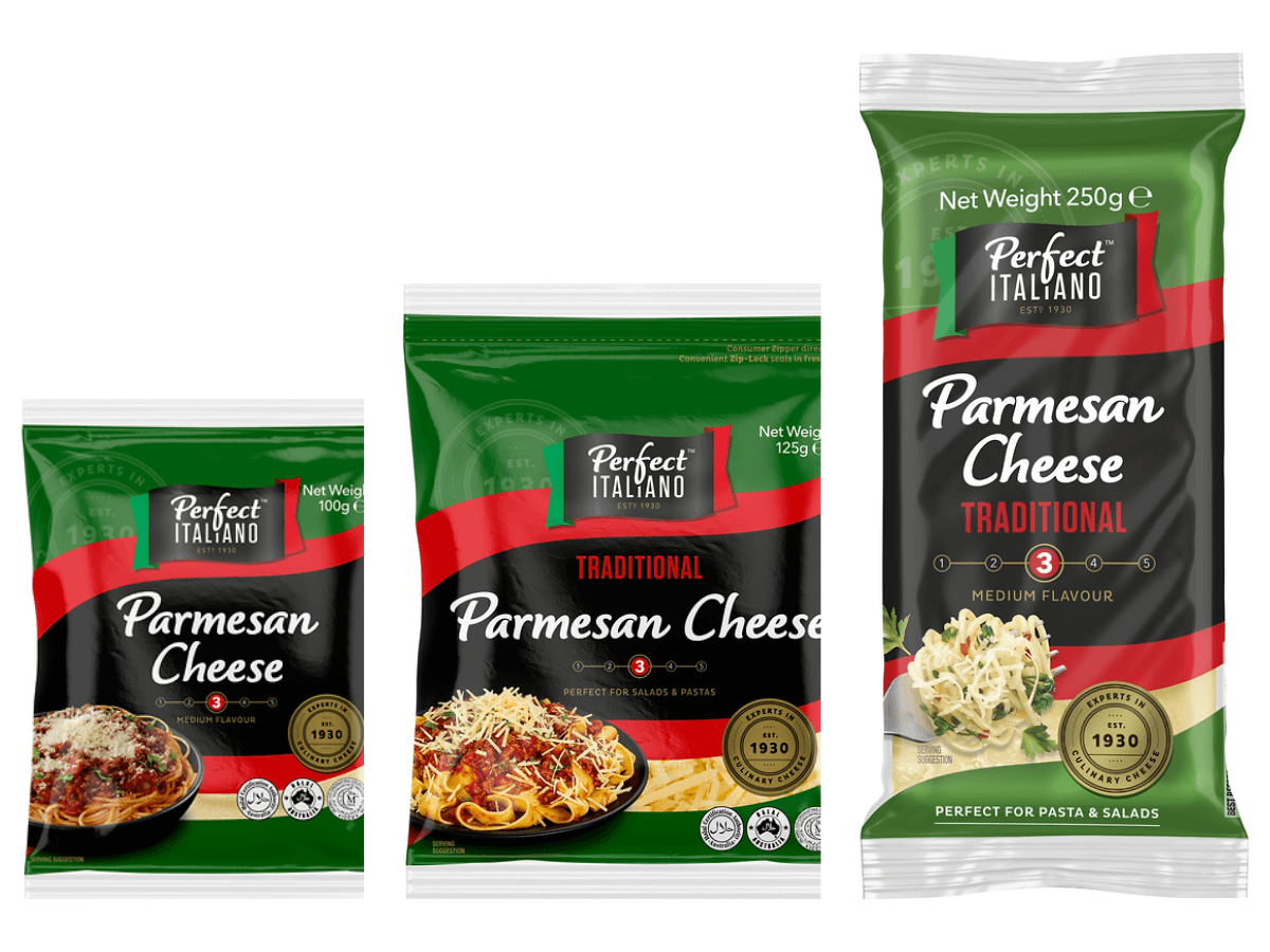 Perfect Italiano Parmesan packs, 100g, 125g and 250g