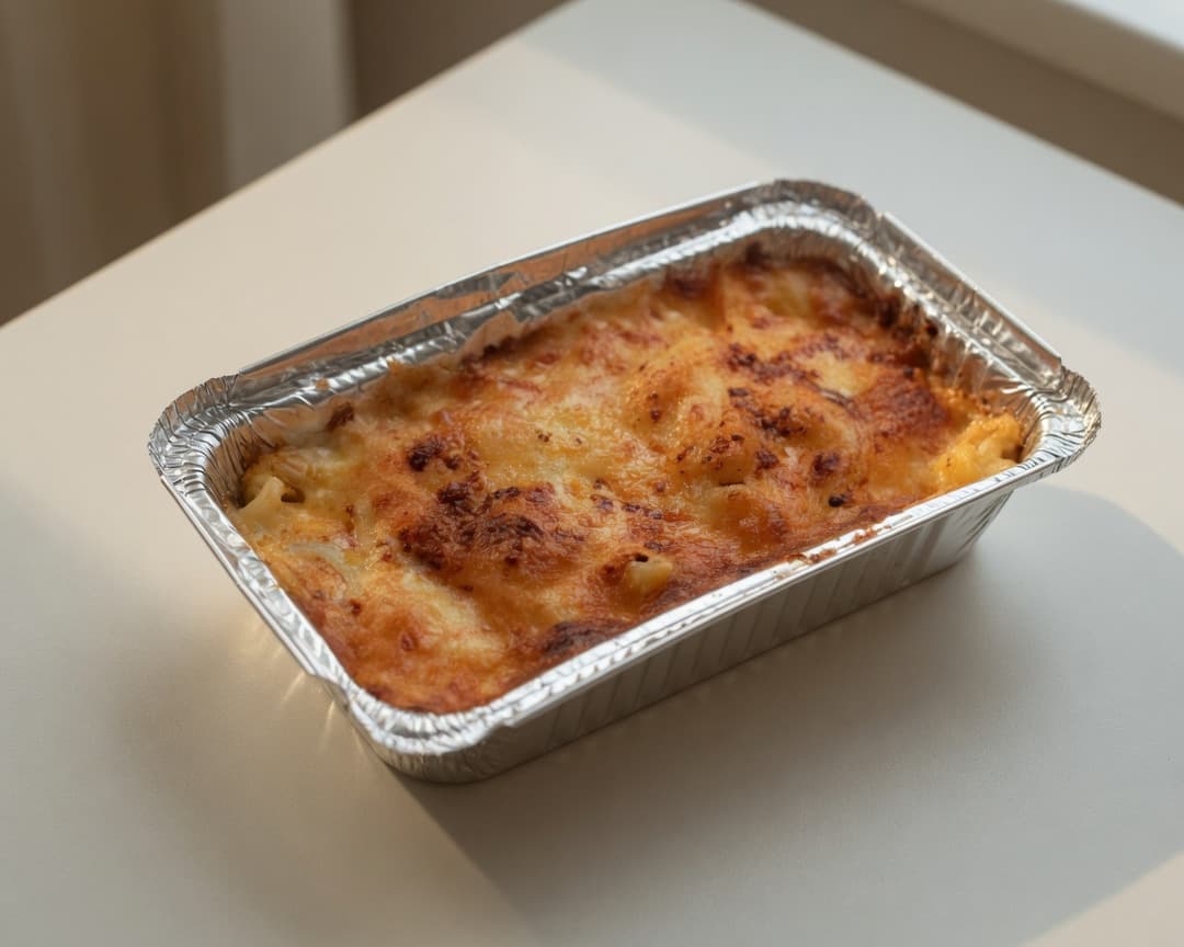 Golden air fryer macaroni and cheese with a stretchy cheese pull