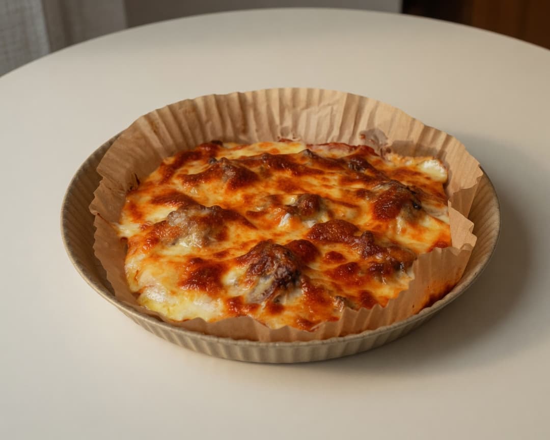 Golden air fryer pizza with melted Perfect Italiano Mozzarella being pulled apart