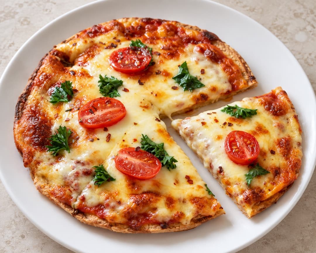 Capati margherita pizza with melted cheese, tomato and basil