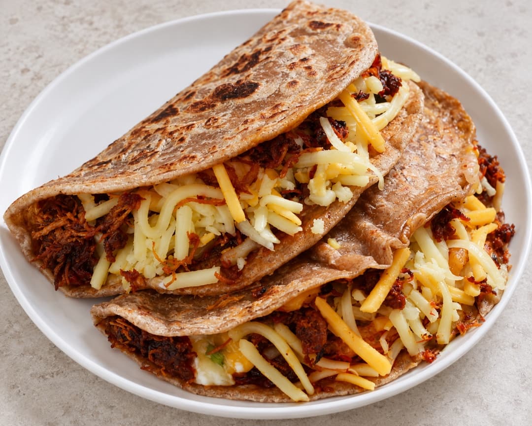 Capati folded over crispy sambal chicken and grated cheese