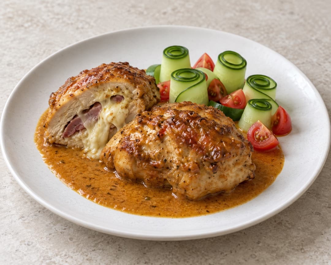 Cheesy ayam percik with percik sauce and cucumber on a white plate