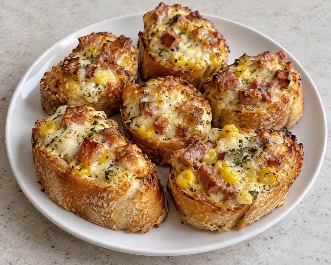 Cheesy baguette bites with sausage and corn on a plate