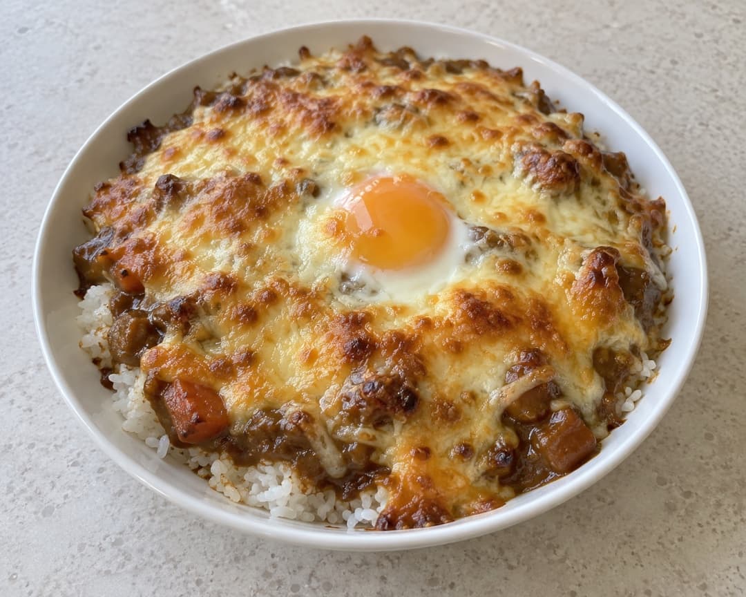 Cheesy baked curry rice with an egg under a golden cheese crust
