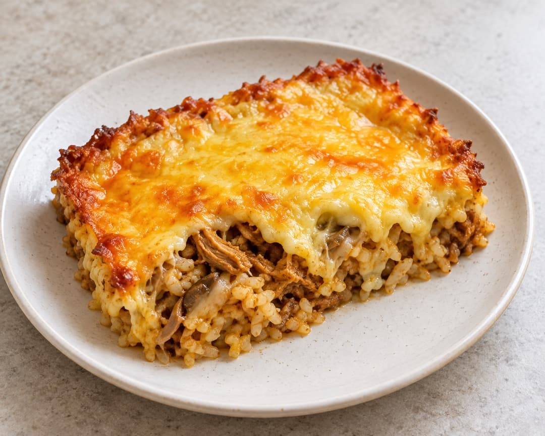 Cheesy baked rice with rendang and a golden cheese crust