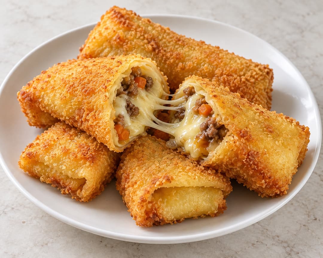 Crumbed cheesy beef risoles, one cut to show the filling