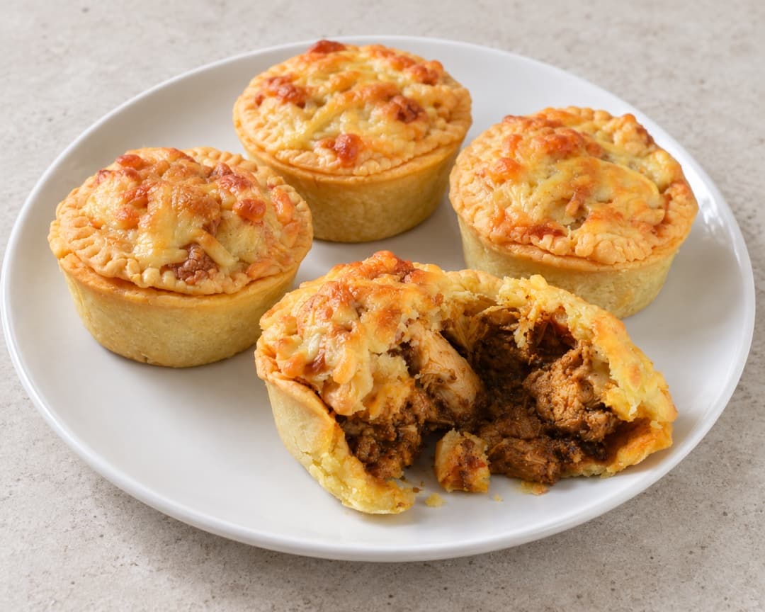 Mini cheesy chicken rendang quiches, one broken open