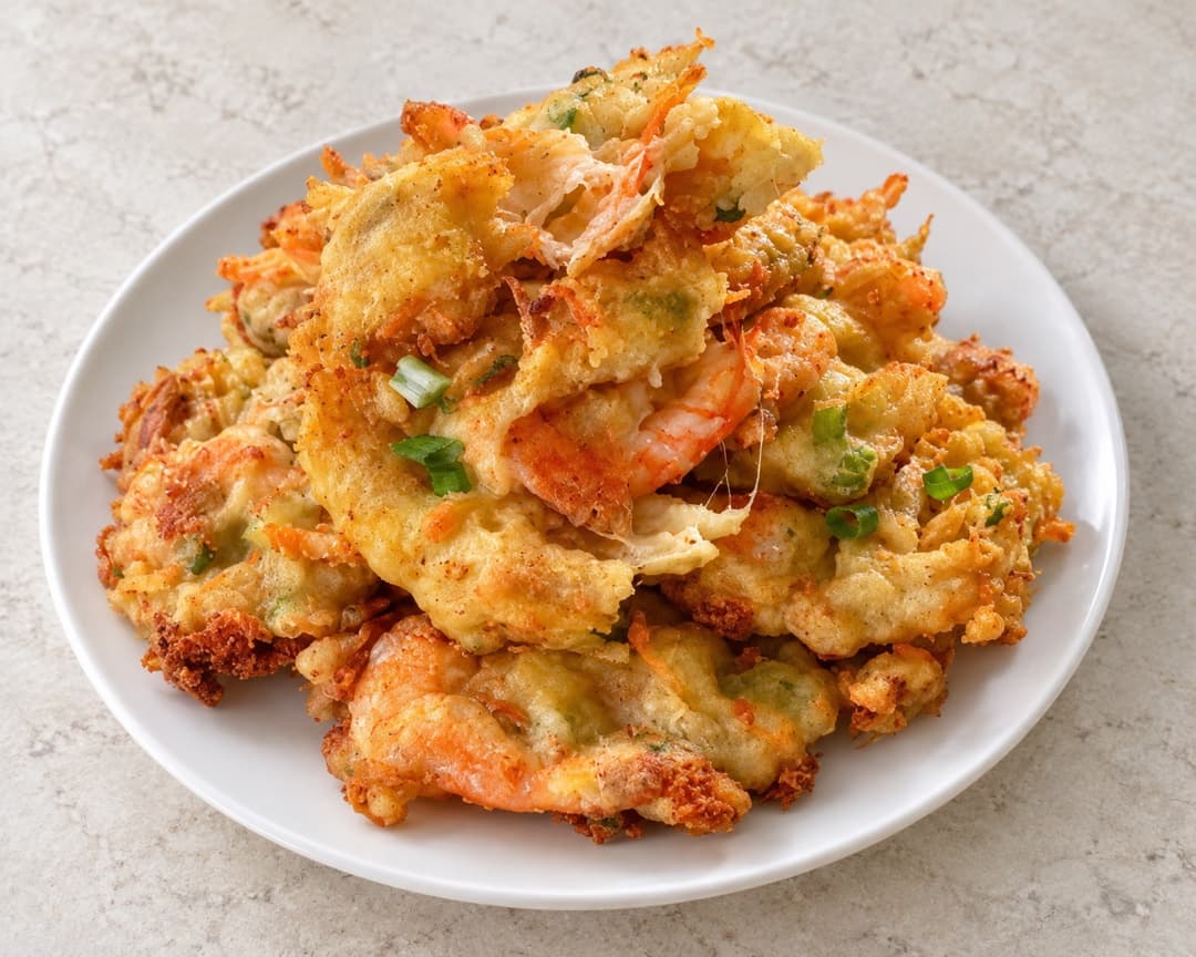 Crisp cheesy cucur udang prawn fritters on a plate