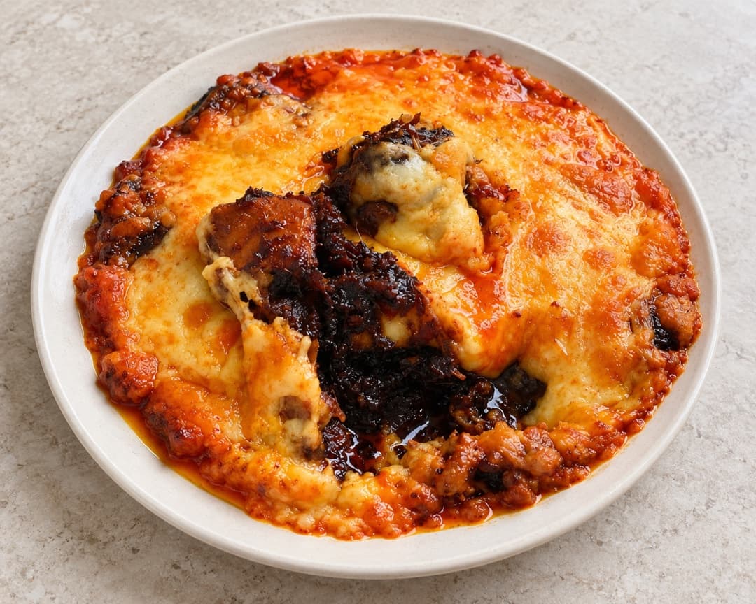 Cheesy dendeng under a bubbling melted cheese top