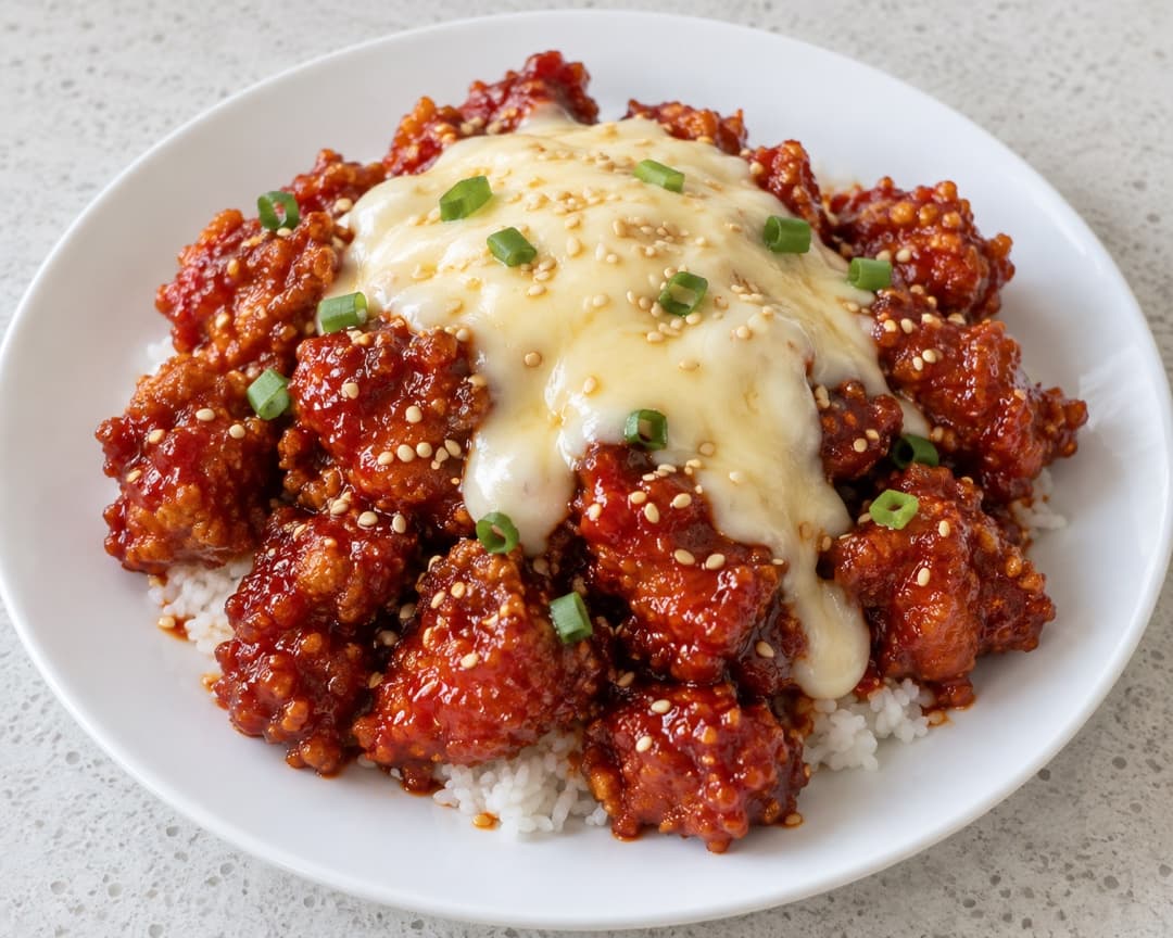 Korean popcorn chicken with melted cheese and spring onion