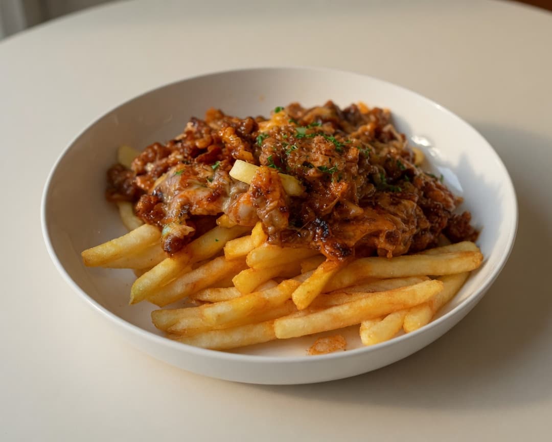 Golden fries topped with saucy minced beef and melted cheese