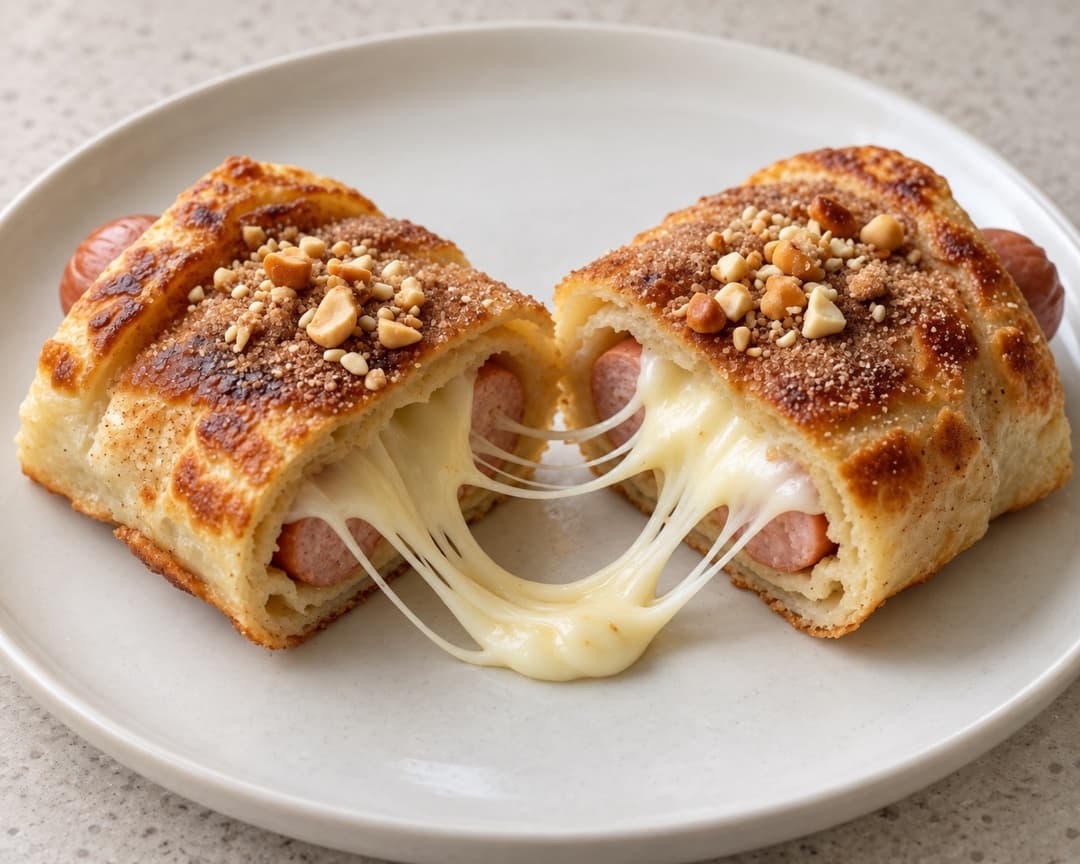 Cheesy prata Korean hot dog cut open with a cheese pull