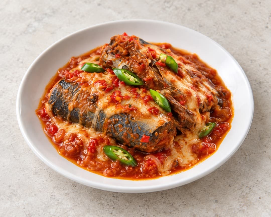 Sambal sardin topped with melted cheese and sliced chilli