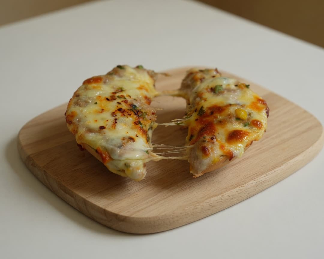 Golden tuna melt bagel with melted Perfect Italiano Mozzarella and sweet corn