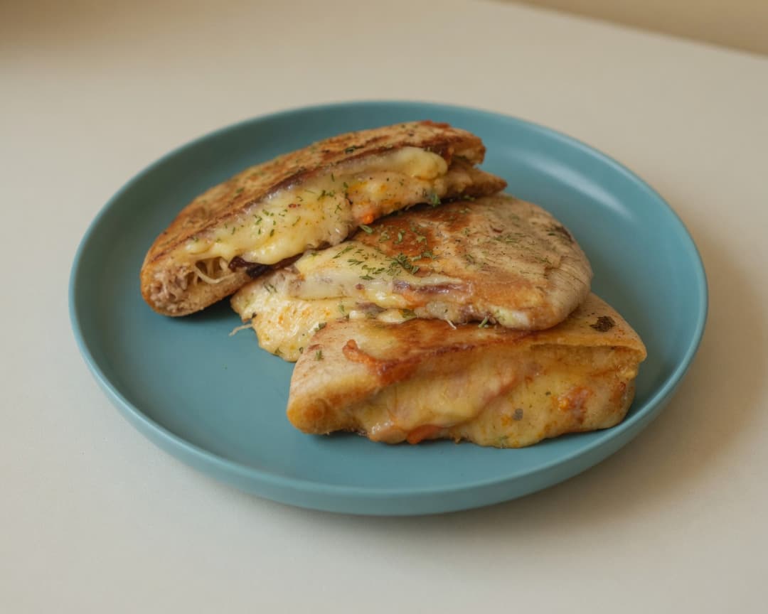 Toasted pita filled with tuna and melted cheese