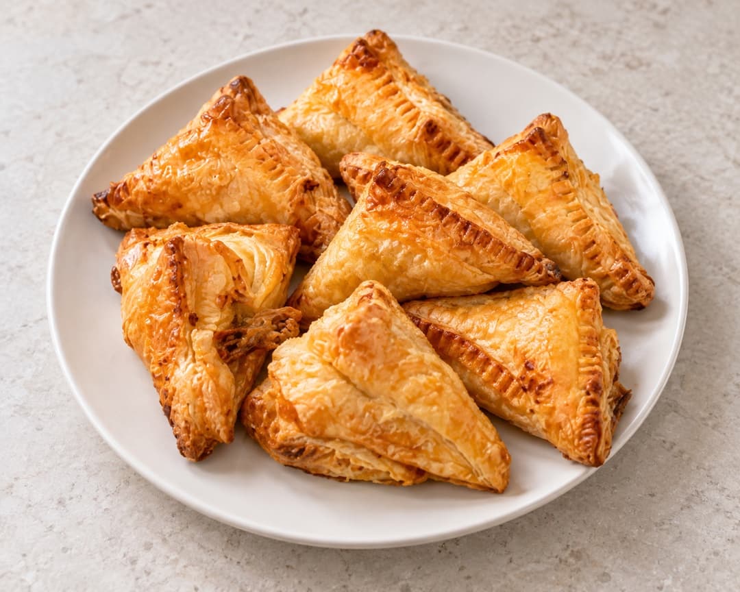 Golden puff-pastry chili tuna cheese pockets on a white plate