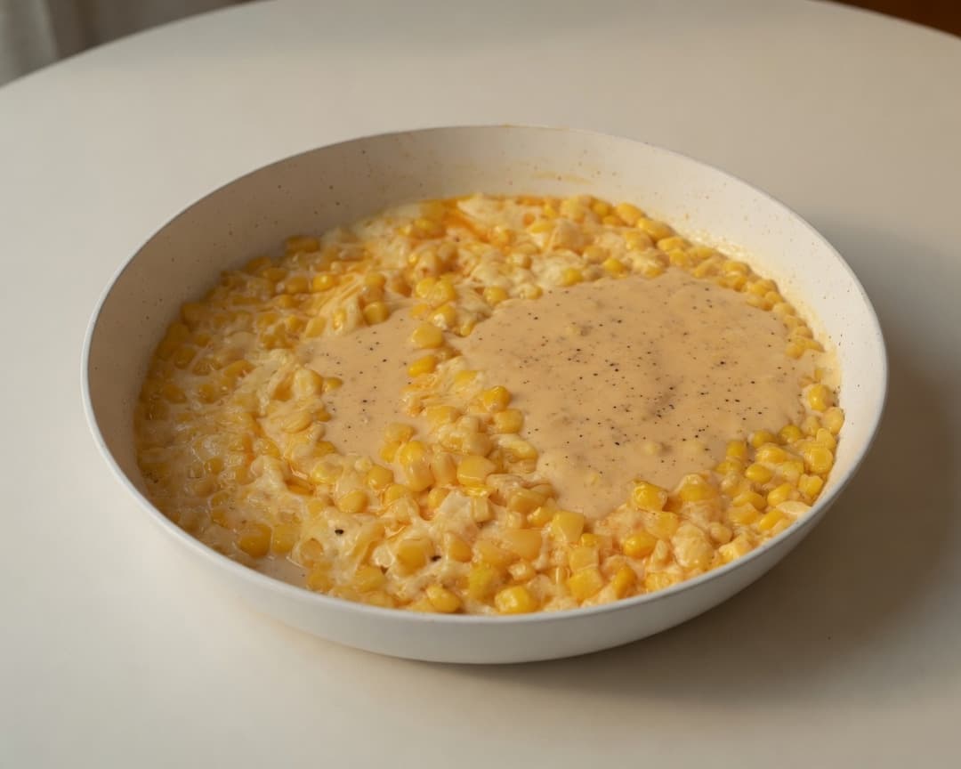 Creamy corn cheese dip lifted from a bowl with melted Perfect Italiano Mozzarella