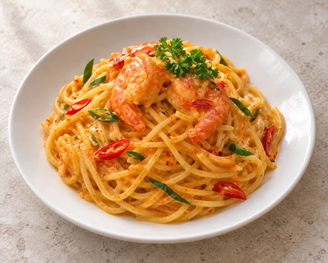 Creamy tom yam spaghetti with prawns and chilli