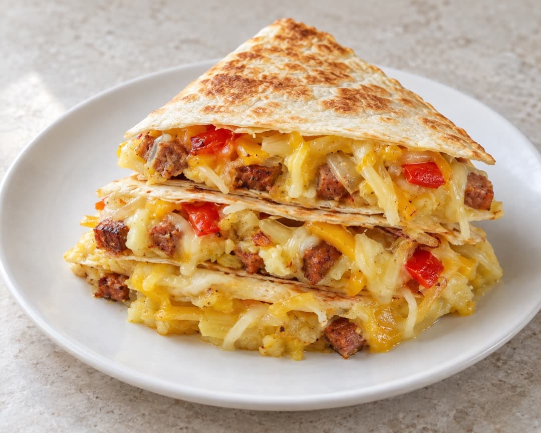 Crispy potato and sausage masala quesadilla wedges with melted cheese
