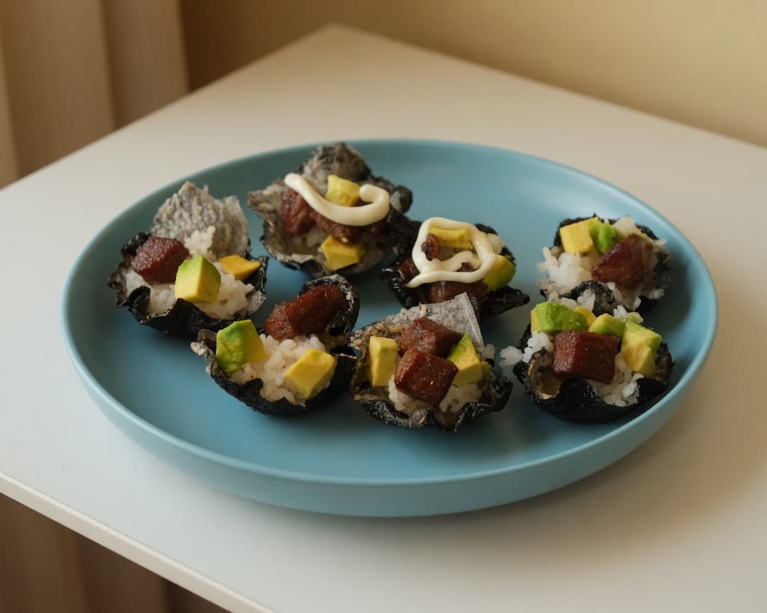 Crispy sushi bites with avocado, teriyaki steak and melted cheese