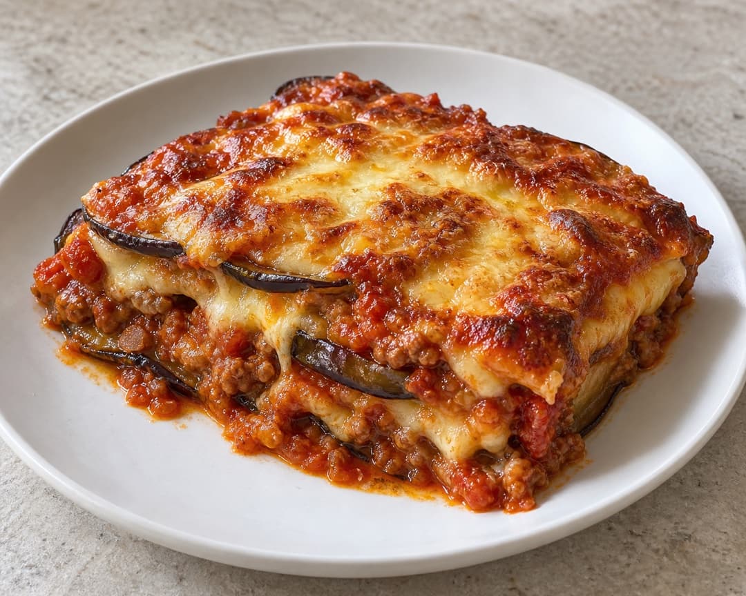 Slice of eggplant lasagna with melted cheese layers