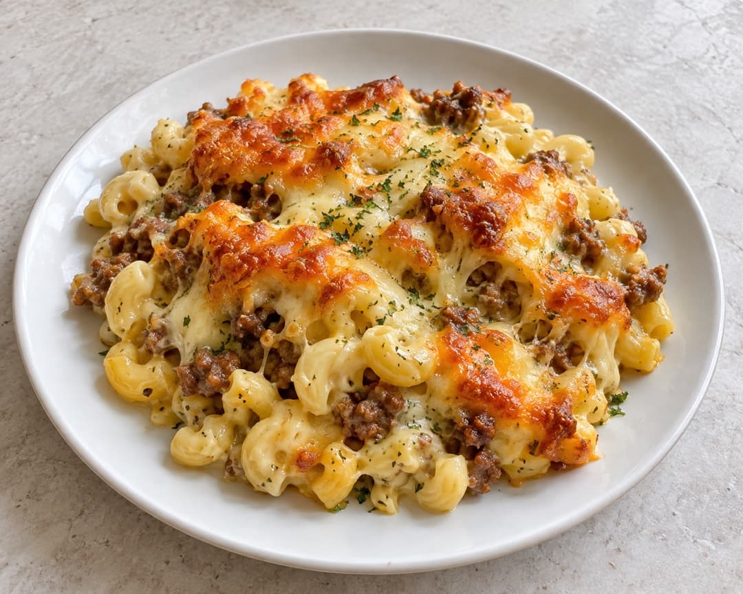 Creamy mac and cheese with a golden cheese top