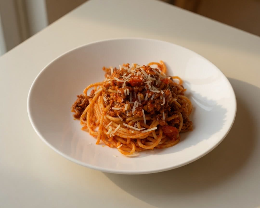 Spaghetti bolognese topped with Perfect Italiano Parmesan and melted Perfect Italiano Mozzarella