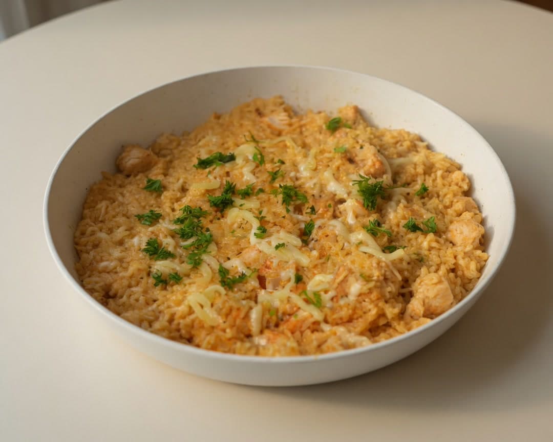 Creamy chicken rice with melted cheese in a pan