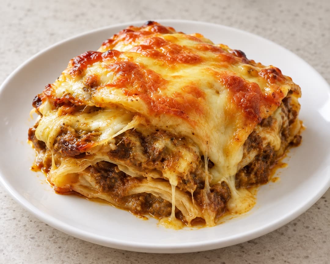 Roti canai beef rendang lasagna slice with melted cheese layers