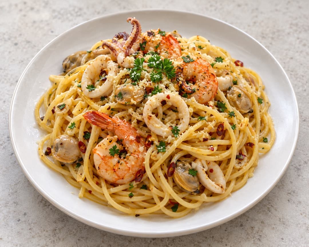 Seafood aglio olio spaghetti with prawns and squid