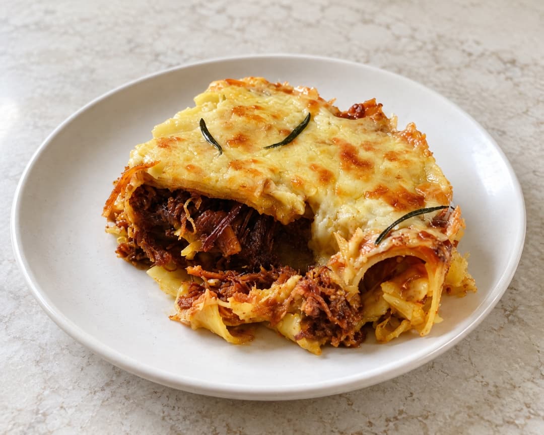 Serunding lasagna slice with a golden cheese top