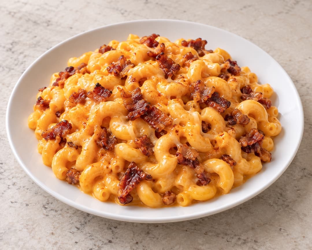 Streaky beef mac and cheese in a creamy cheese sauce