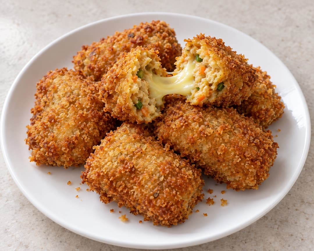 Crumbed tempeh mozzarella nuggets with a cheese pull